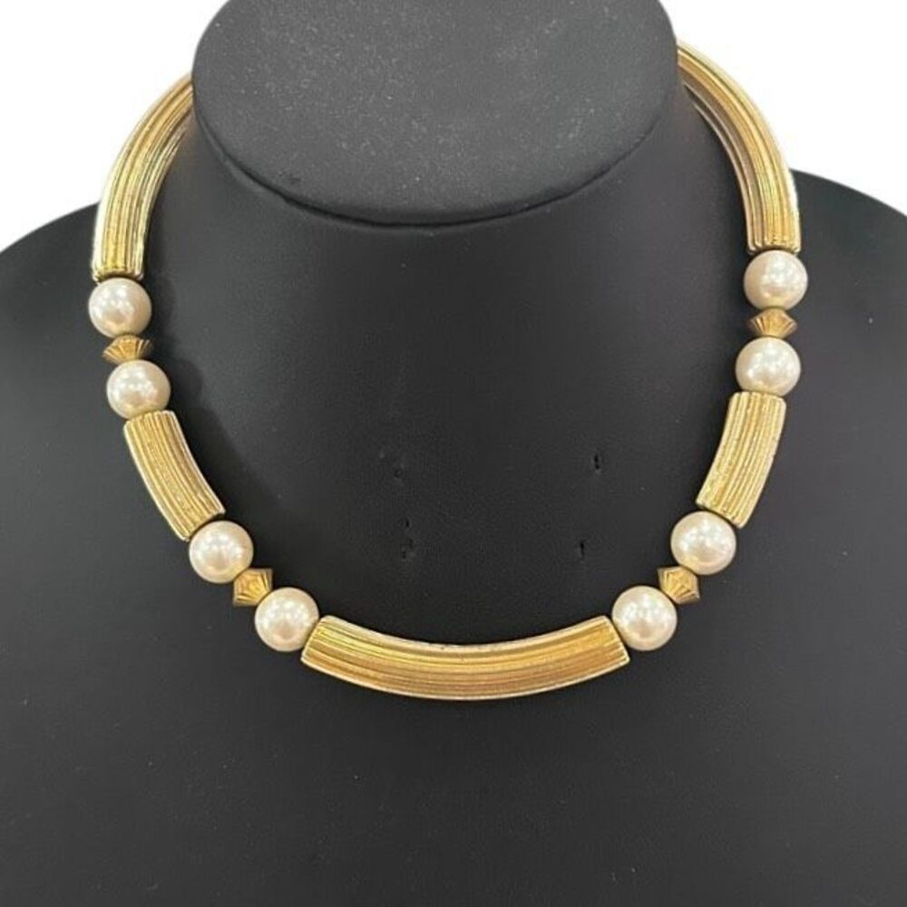 Vtg 1980's Collar Necklace Women's 16" Gold-tone Curved Metal Bars & Faux Pearls
